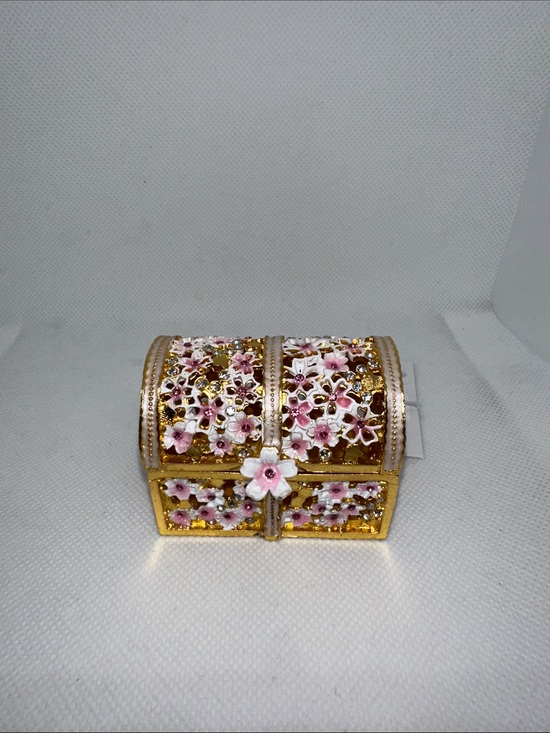 . Jewelry - Gold Floral Trinket Box with Pink Enamel Flowers